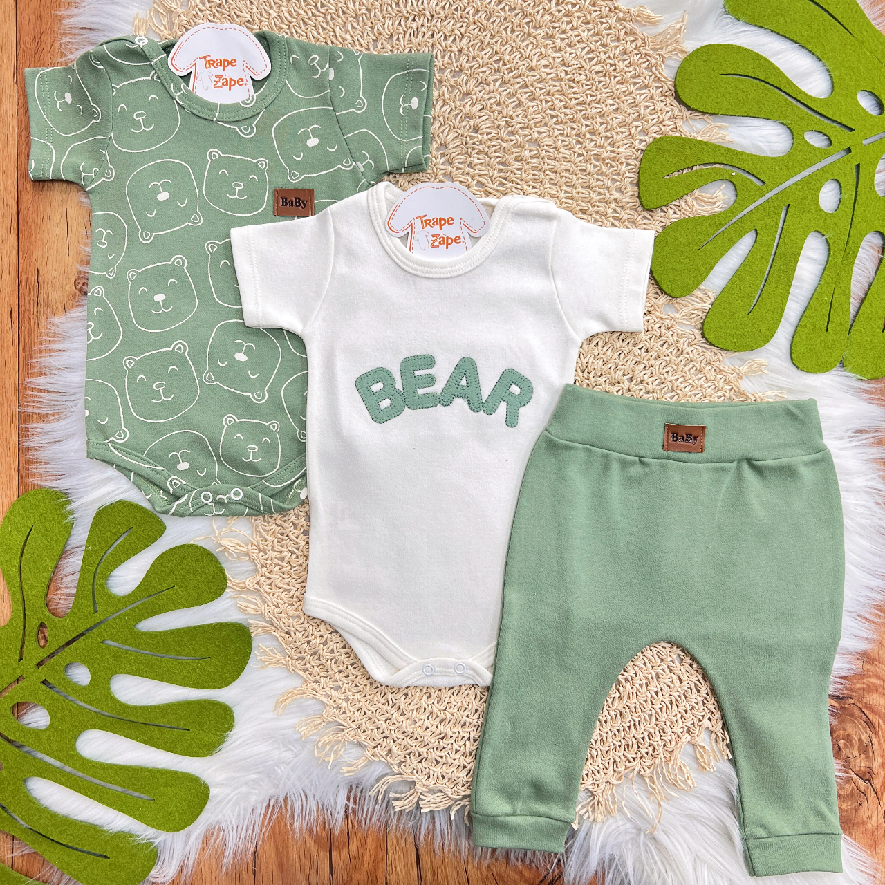 Conj. de Malha 3 peças - Bear - Off White e Verde